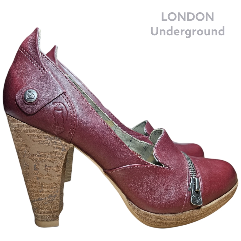 London Underground Smoked Kipper Blood Red Chunky Heel Pumps